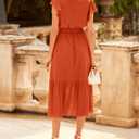 BTFBM Women Summer Bohemian Floral Casual Wrap V Neck Ruffle Cap Sleeveless Belt A-Line Pleated Hem Midi Sun Dress White (Orange, S)