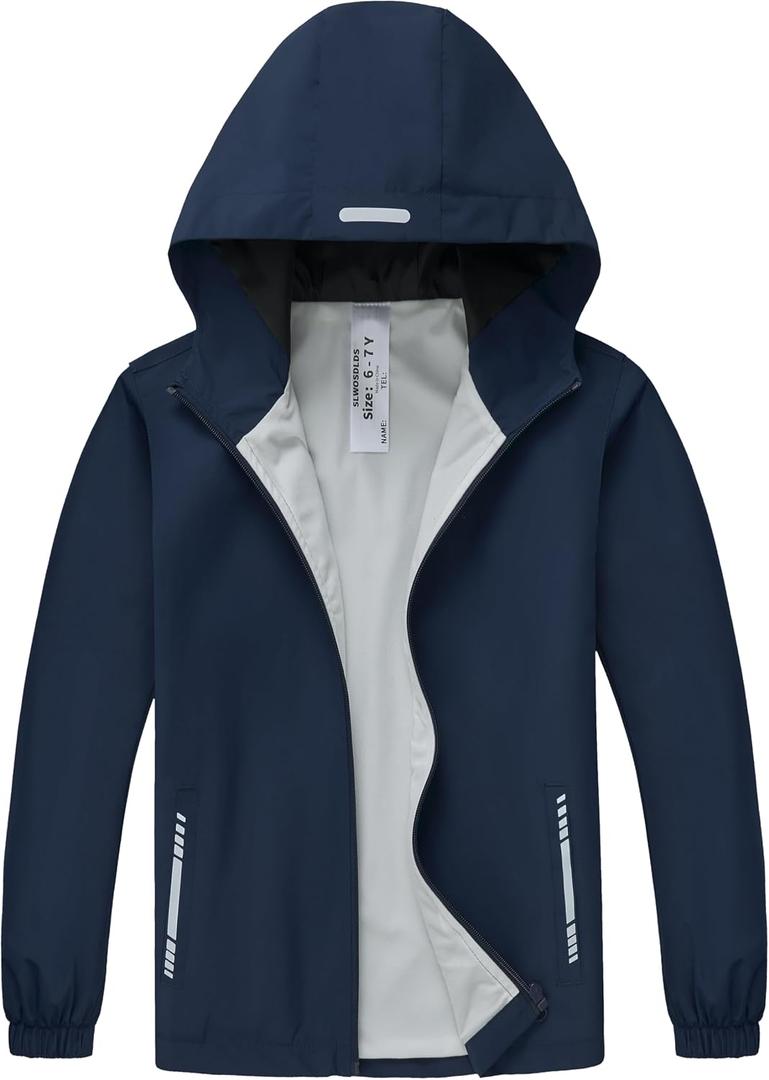 Boys Girls Waterproof Rain Jacket Lightweight soft lining Kids Windbreaker Hooded Coat Easy to Fold, Size: 11-12 Years, Blue
