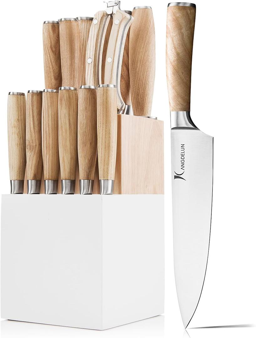 Natura Series 15 PCS Knife Block Set, Ultra Sharp High Carbon Stainless Steel with Wooden Handle (White/Yellow)