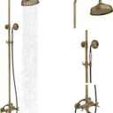 Homevacious Antique Brass Outdoor Shower Kit Exposed Shower 8 Inch High Pressure Rain Shower Head with Hand Spray Bathroom Shower Faucet System Double Knobs Cross Handle 3-function Design