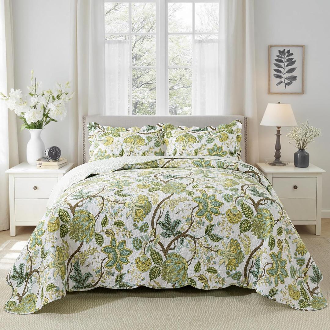 King Quilt Bedding Set, Cotton Bedspread Coverlet Lightweight, Vine Sage Oversized Comforter for All Season, Soft Reversible Bed Cover with 2 Pillow Shams (King(106"x98"))
