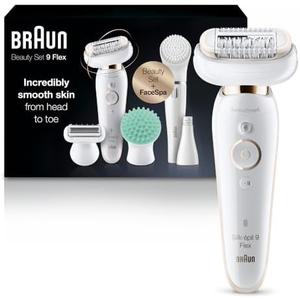 Braun Epilator Silk-épil 9 Flex 9-300 Beauty Set, Facial Hair Removal for Women, Hair Removal Device, Shaver & Trimmer, Cordless, Rechargeable, Wet & Dry, FaceSpa