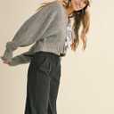 Esmeling Womens Long Sleeve Crop Cardigan Sweaters Chic Loose V Neck Knit Sweater Outerwear with Bow Tie (Gray, S)