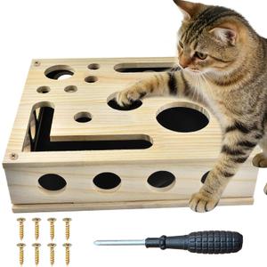 LUMIXA Reinforced Cat Nail File Scratcher Box with 8 Screws, Wooden Enrichment Puzzle Toy for Indoor Cats, Inside Sandpaper Claw Care & Furniture Protection (Assembly Guide Included)