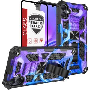 for Galaxy A05 Case,Samsung A05 4g Case w/Tempered Glass Screen Protector(Full Coverage) [Full-Body][15FT Mil-Grade][Built-in Kickstand] Car Magnetic Protective Cover for Women Man Blue Purple Marble