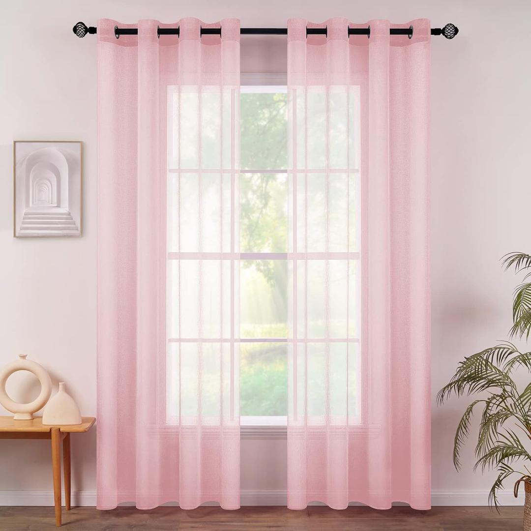MIULEE 2 Panels Baby Pink Semi Sheer Window Curtains Spring Elegant Grommet Top Window Voile Drapes/Treatment Linen Textured Panels for Bedroom Living Room (54X84 Inches)