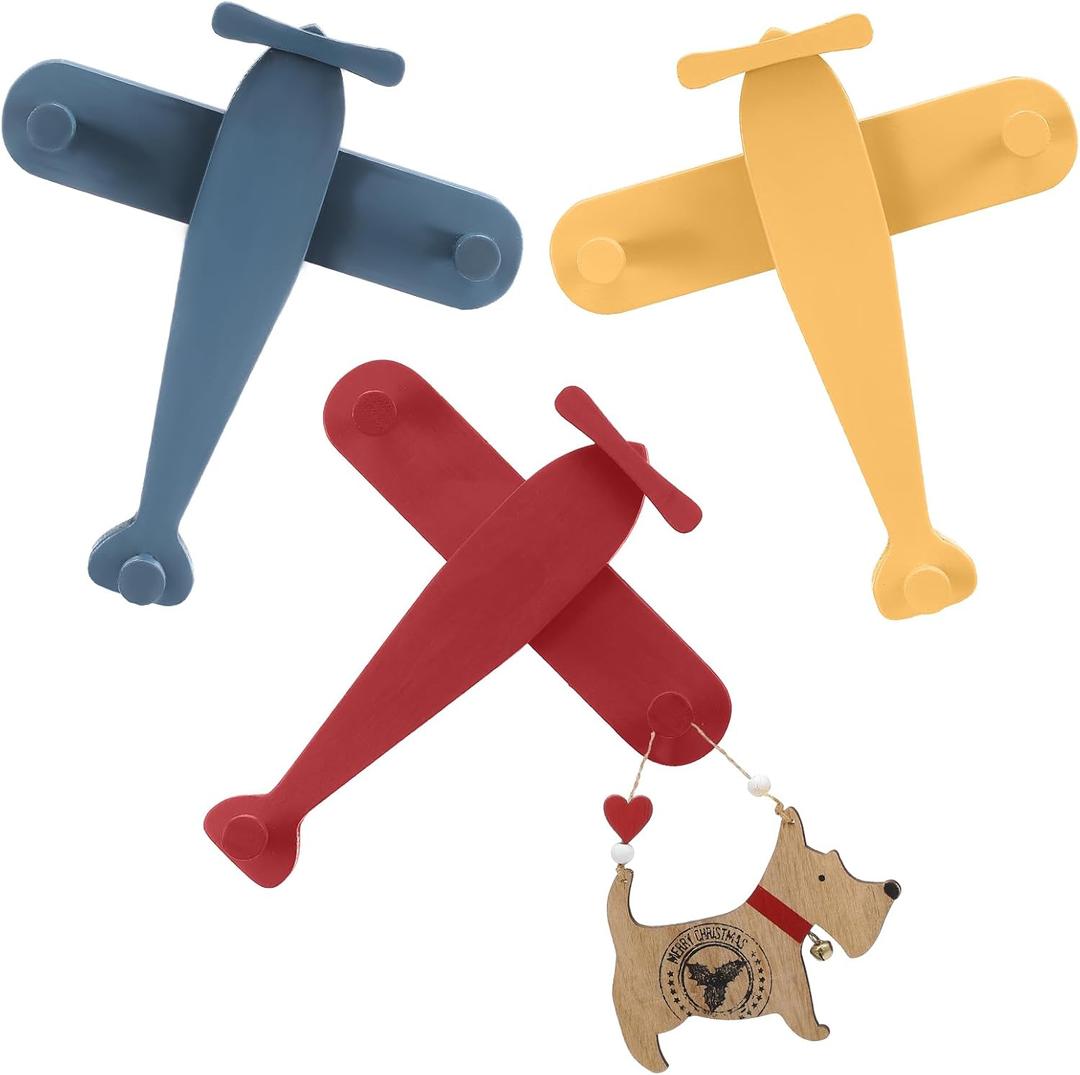AceOrbit 3 Pack Airplane Shaped Wall Coat Hooks Vintage Nursery Decor Wooden Airplane Decorative Cute Coat Rack Wall Mount for Bedroom Living Room Office Entryway Door Nursery