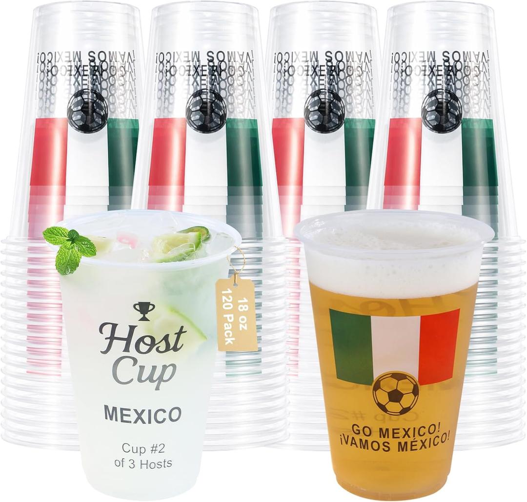 18 oz Host Cup Celebrating World Soccer Tournament Host Mexico, 120-Count Disposable Plastic Party Cups, Flag Themed for Restaurant Catering Concession & Fan Event Decorations, VAMOS MXICO