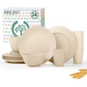 Homienly 24 PCS Premium Wheat Straw Dishes Set for 6, Reusable Plates and Bowls Sets,Cups,Lightweight & Unbreakable Dishwasher and Microwave Safe Dinnerware Sets for Kitchen,Outdoor- Beige