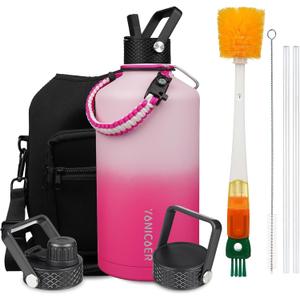 Insulated Water Bottle 128oz,Triple Wall Vacuum Stainless Steel(Dishwasher Safe),Leak Proof & Non-BPA,Flask Jug with Paracord Handle & Straw Spout Lids Sports Sakura