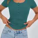 PRETTYGARDEN Womens 2026 Summer Short Sleeve Tops Ribbed Henley Button Slim Fit Basic Casual T Shirts Blouse Fashion Clothing (Blue, M)