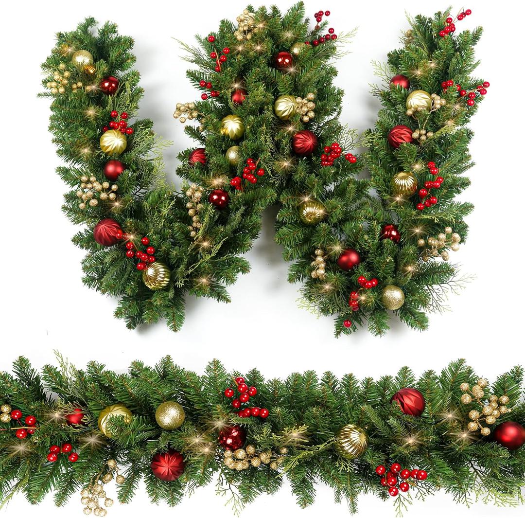 Christmas Garland 9ft with 50 Led, Gold & Red Ball Berries Battery Control, Christmas Decor with Light Timer for Mantle Staircase Indoor and Outdoor