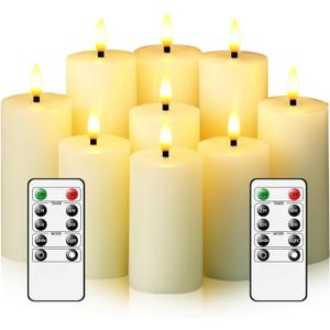 Flameless Candles Real Wax Realistic Pillar Candles, 9 Packs Battery Operated LED Candles with Remote Timer, Ideal for Halloween Home Decor IvoryD 1.6"*H 4" 4.5" 5.5"