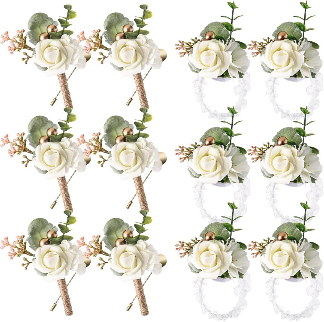 12 Pcs Wedding Wrist Corsage and Boutonniere Set Rose Wrist Corsage for Prom Boutonniere for Men Wedding Flowers Accessories Prom Suit Decorations for Wedding Ceremony Anniversary (Creamy White)