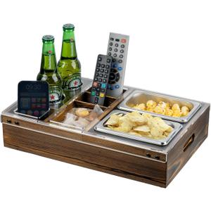 MyGift Couch Caddy Rustic Burnt Solid Wood and Premium Clear Acrylic TV Snack Tray with 2 Stainless Steel Snack Bowls, Dual Cutout Anti-Spill Drink Holders, Remote Control and Cell Phone Slots