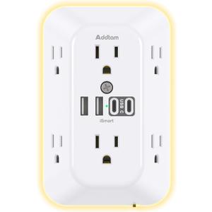 Addtam Surge Protector Outlet Extender, 6 Outlet Splitter with Night Light and 4 USB Wall Charger(2 USB-C Ports), Multi Plug Wall Outlet Power Strip for Home Office Dorm Room Essentials