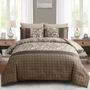 WONGS BEDDING Brown Comforter Set Queen, 7 Pieces Bed in a Bag Floral Patchwork Soft Microfiber Queen Sheet Set with Comforter, Flat Sheet, Fitted Sheet, Pillow Shams,Pillowcases