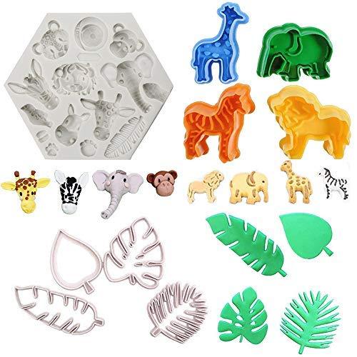 9Pcs/Set Jungle Safari Animal Cake Fondant Mold with Tropical Leaf Cookie Cutter, Hawaiian Palm Leaves Sugar Craft Cutters for Jungle Animals Brithday Party Cake Cupcake Decorations Tools