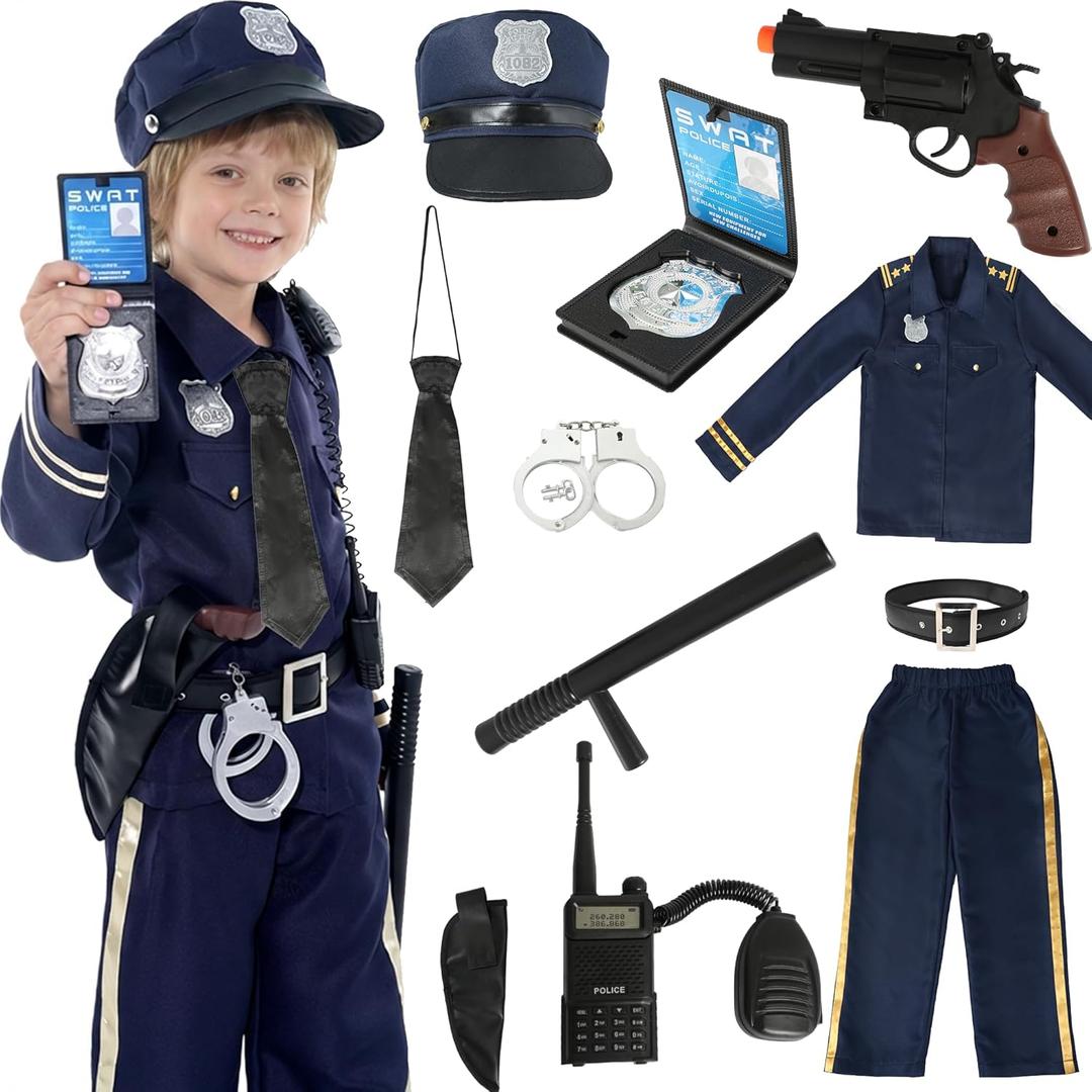 Wizland 6Pcs Police Costume for GirlsKid Cop Uniform Outfit, Halloween Career Day Dress Up Costume with Complete accessories (XL(12-14Y))