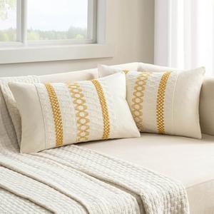 MIULEE Set of 2 Mustard Yellow Boho Decorative Lumbar Pillow Covers 12x20 Inch Farmhouse Rustic Couch Throw Pillows Modern Cotton Cushion Covers Retro Macrame Woven Spring Decor for Bed Sofa Chair