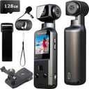 Body Camera 5K with External Microphone, Video & Audio Mini Vlog Camera with 270 Rotated Lens, Pocket Cam for Sport, Outdoor, Riding, Travel, 128GB Included