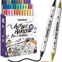 TRANSON 36 Colors Fine and Brush Dual-tip Acrylic Paint Marker Pen Set for Canvas Rock Wood Leather Ceramic DIY Painting