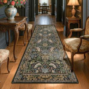 Vintage Runner Rugs for Hallways - 2'6"x8' Wide Kitchen Runners, Entryway Rug, with Flowers and Leaves, Washable Non Slip Low Pile (Dark Green / Brown)
