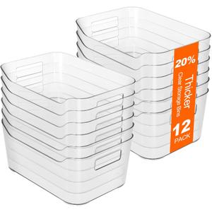 Hudgan 12 Pack Clear Pantry Organizer Bins, Plastic Storage Bins for Fridge, Plastic Pantry Organizer Containers for Home, Kitchen Cabinet, Bathroom Shelf, Under Sink and Drawers