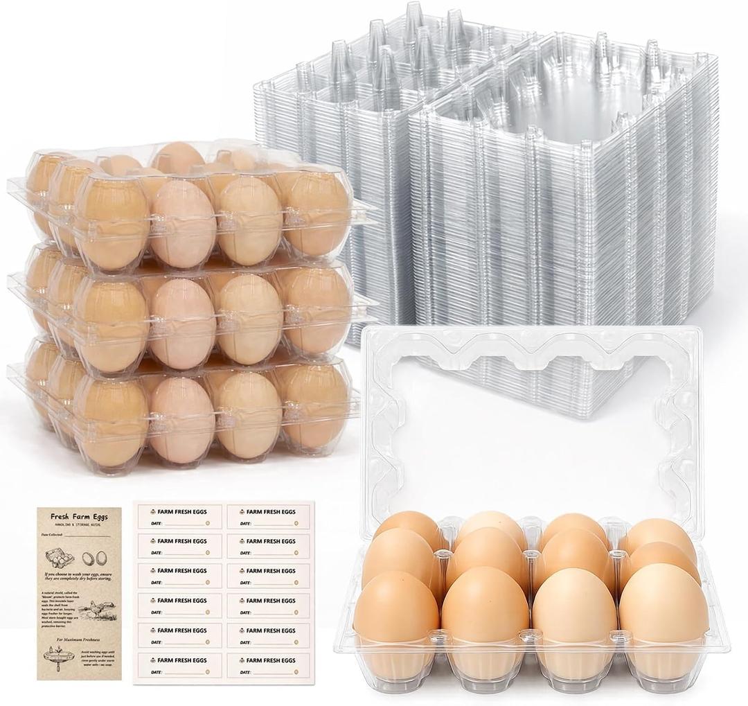 WIKDAY Plastic Egg Cartons 60 Pack 12 Count Cheap Bulk Clear Dozen Reusable Empty Egg Containers for Chicken Eggs Storage with Date Tracking Stickers Egg Care Instructions, Medium to Large