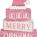 4 Pcs Christmas Table Decorations Pink Santa Hat Decor Christmas Tiered Tray Decor Rustic Wood Pink Hat Block Sign Gift Xmas Table Centerpiece Farmhouse for Home Shelf Kitchen Decorations