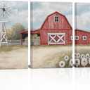 Visual Art Decor Farmhouse Canvas Wall Art Rustic Barn and Windmill Painting Country Landscape Farmhouse Decor, Framed Artwork for Walls (Red, Large) (24L" x 16W")