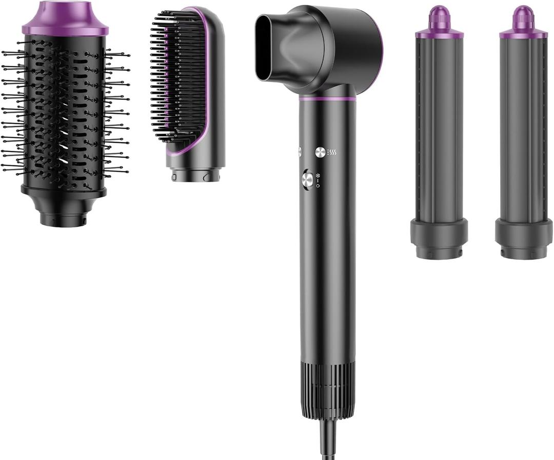 5-in-1 Hair Styler Brush Set  High-Speed 110,000 RPM Hair Dryer with Auto Curling, Straightening & Volumizing Brushes  Fast Drying, Frizz-Free, No Heat Damage (Purple)