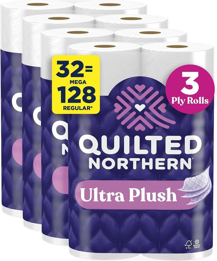 Quilted Northern Ultra Plush Toilet Paper, Mega Rolls, 3 Ply Toilet Tissue, 32 Mega Rolls=128 Regular