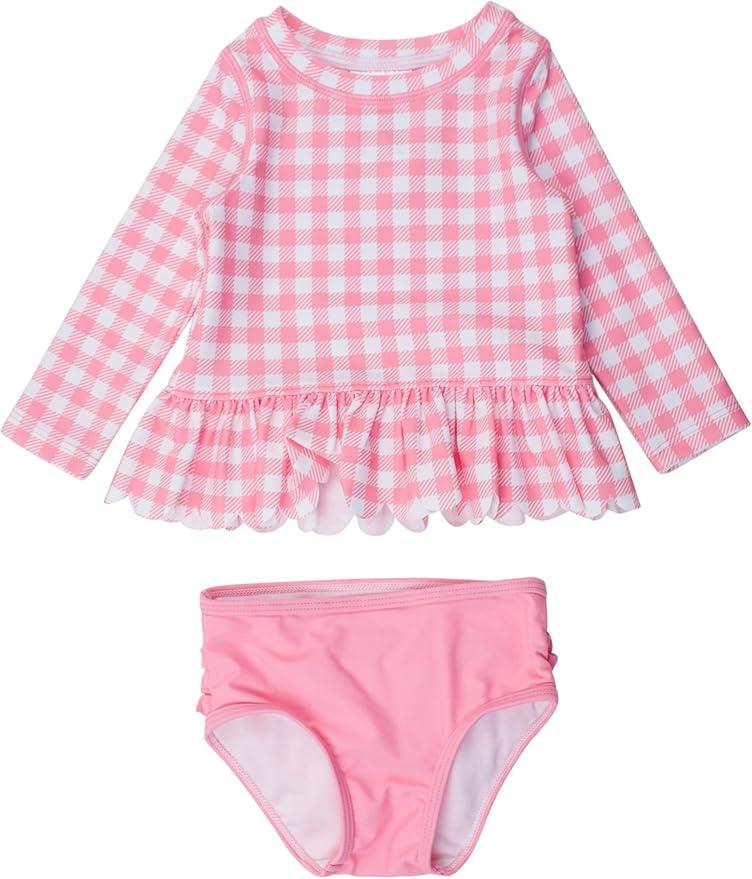 RuffleButts Baby/Toddler Girls Scallo,ped Long Sleeve Rash Guard 2-Piece UPF50+ Sun Protected Swimsuit, 4T