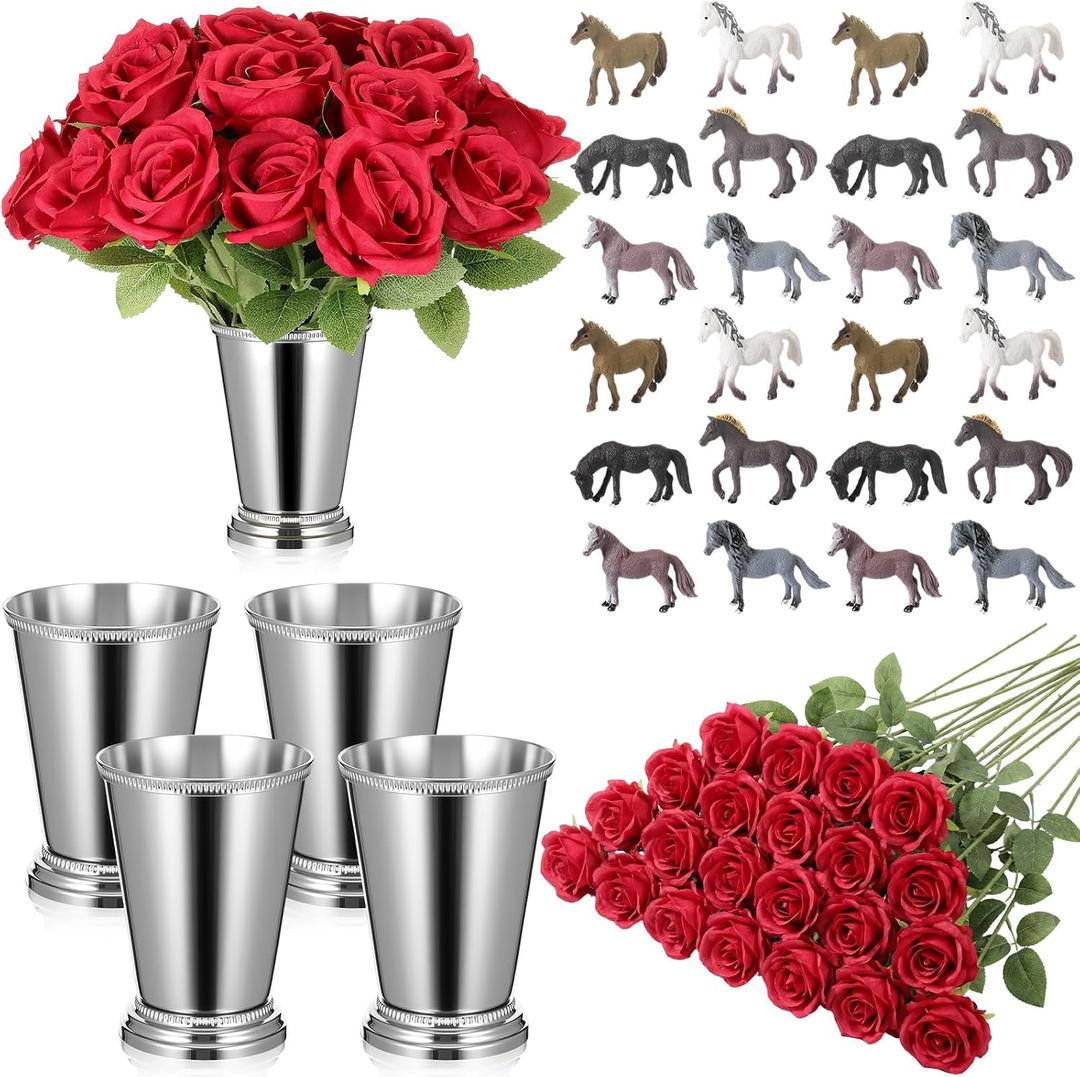LemonRoad 52 Pcs Derby Day Party Decorations The Rose Centerpieces with Mint Julep Cups and Mini Horses for Horse Racing Party Decor Horse Theme Birthday Supplies