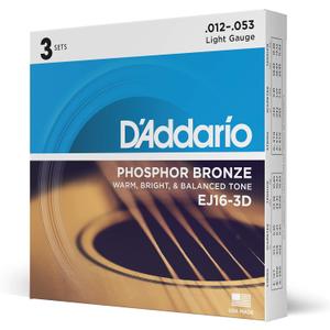 D'Addario Guitar Strings - Phosphor Bronze Acoustic Guitar Strings - EJ16-3D - Rich, Full Tonal Spectrum - For 6 String Guitars - 12-53 Light, 3-Pack