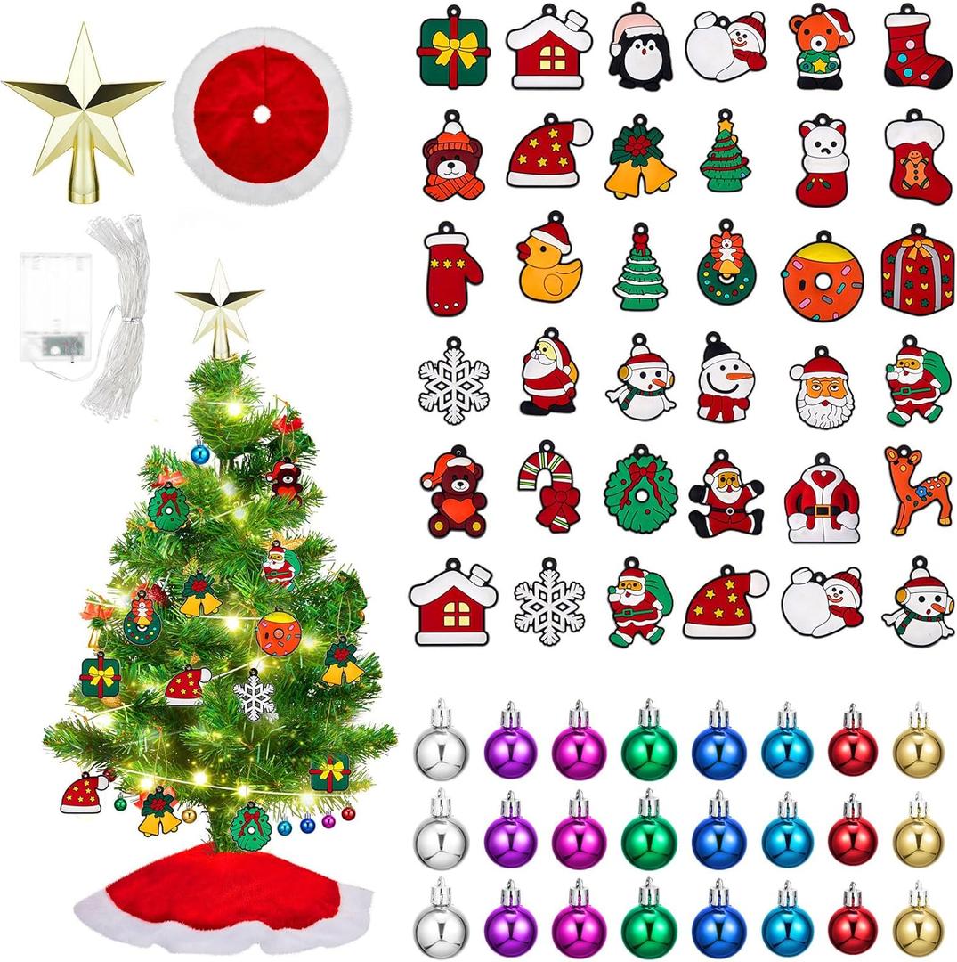 Syhood 63 Pcs Mini Christmas Tree Ornaments Set Decoration Gadget Small Skirt Star Topper Miniature Hanging Ornament with Light for Holiday Xmas