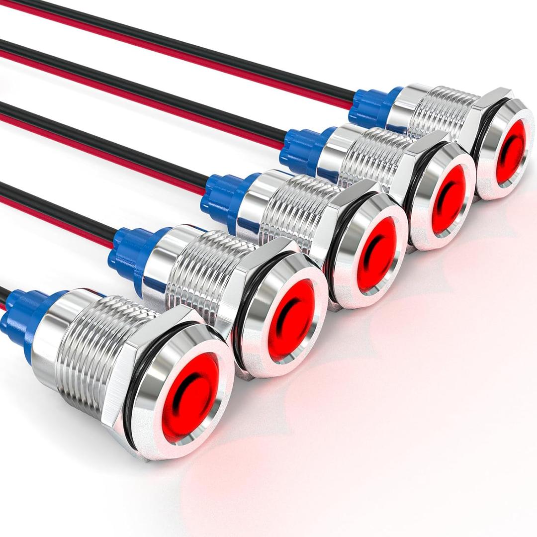 GASHER 5 PCS Energy Saving Indicator Light, LED Light 12V/24V/110V 20mA Panel Mount Light for Car Truck Boat Auto Part, Mounting Hole Size 12mm(1/2 inch) Red LED (24V)