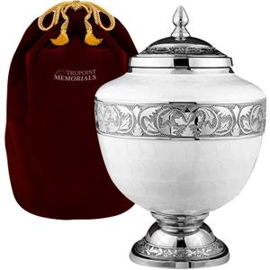 Trupoint Memorials Cremation Urns for Human Ashes, Decorative Burial Urn for Adult Men and Women, Large Chalice White with Silver Lining