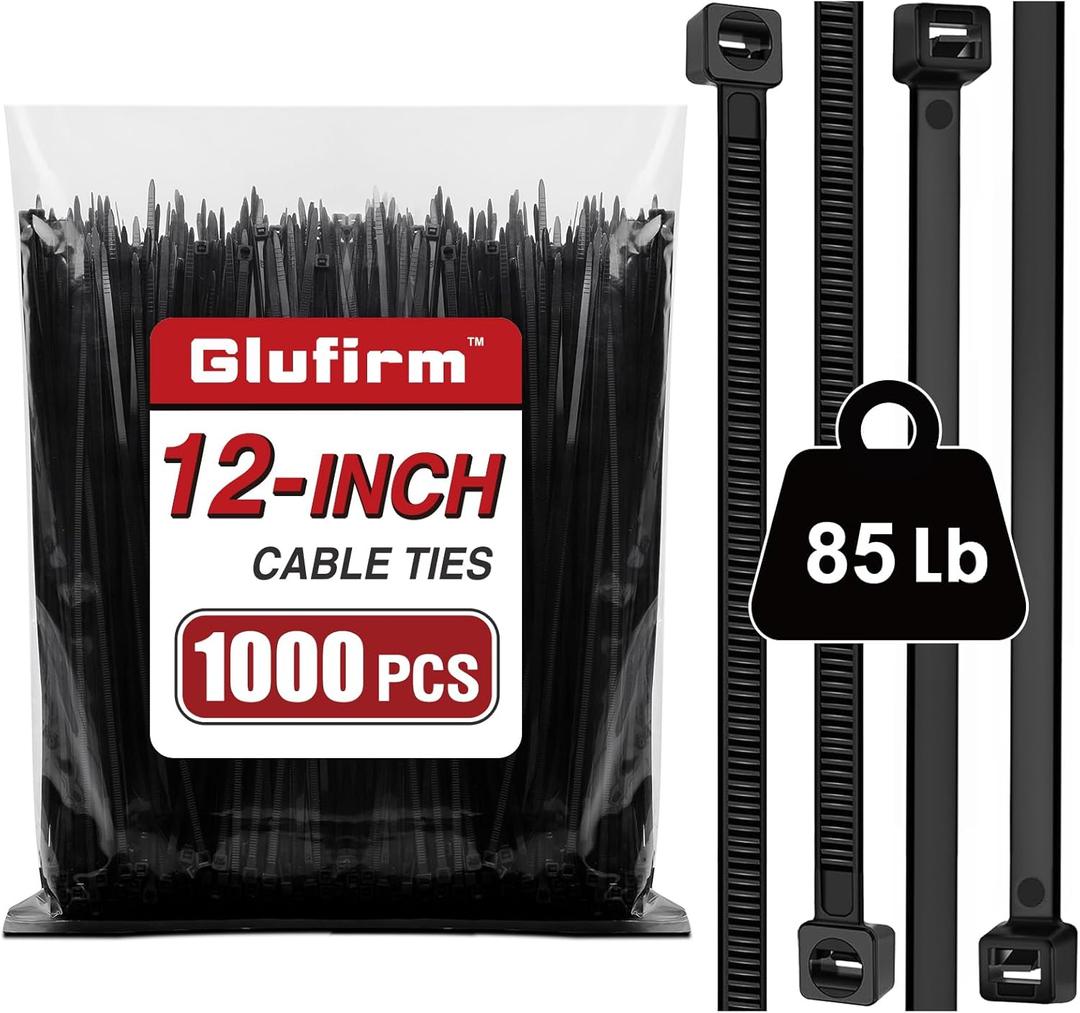 Zip Ties Heavy Duty 12 inch (1000 Pack), Double-sided Toothed, 85 lb, Delivering 1.7X Tensile Strength in the Same Specs, Black Cable Ties, Glufirm