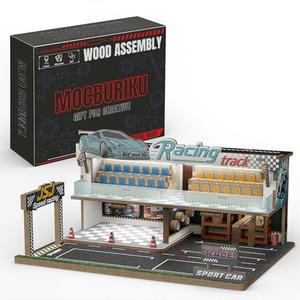 MOCBURIKU 1/64 Scale Diecast Car Diorama, 67pcs Wooden Display Case Garage for Hot Wheels with LED Light, Showcases 5 Model Cars (Racetrack)