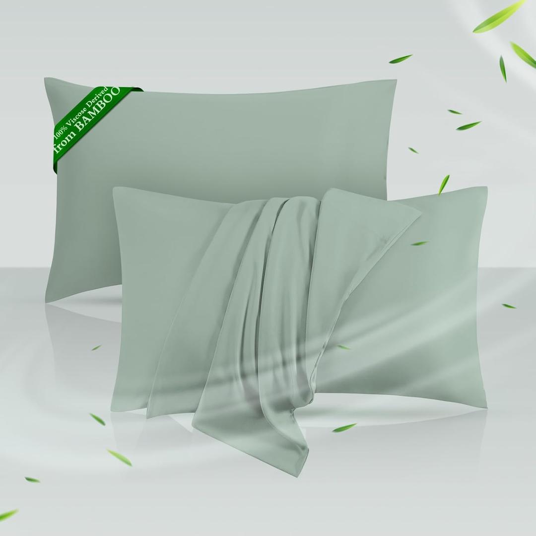 Cooling Pillowcases King Size Set of 2, Viscose Derived from Bamboo for Hot Sleepers, Soft & Silky Pillow Covers with Envelope Closure (Sage Green, 2 Pack, 20x40 inches)