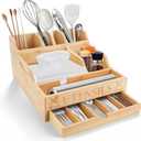 Kitchen Utensil Holder with Drawer, Farmhouse Spatula Organizer for Countertop,Large Capacity Flatware Spoon Forks Knives Cooking Tool Cutlery Holder for Party Picnic BBQ with 11 Compartments (Wood)