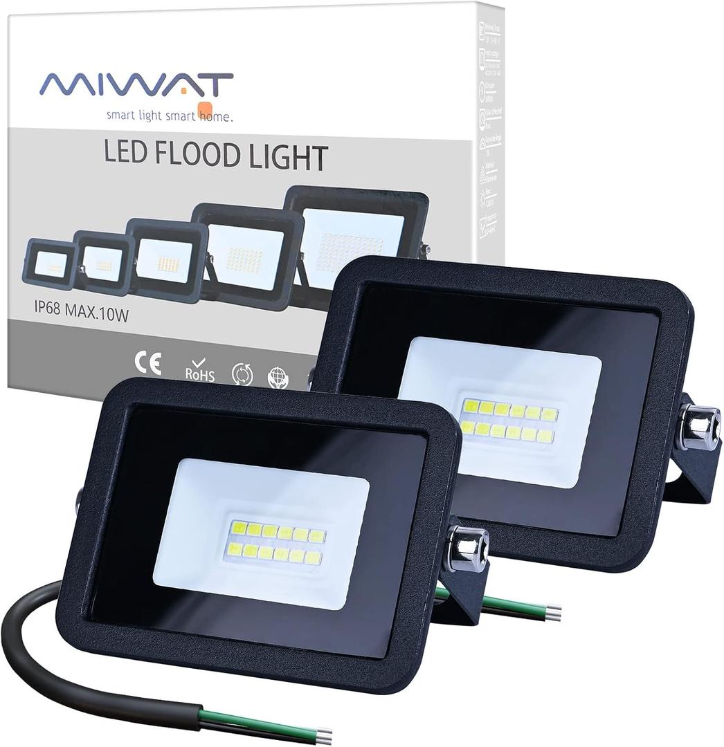 MIHEAL 110V 2 Pack 10W LED Flood Light,Cool White, IP68 Waterproof Super Bright Security Lights, Outdoor Floodlight for Yard, Garden, Playground, Basketball Court