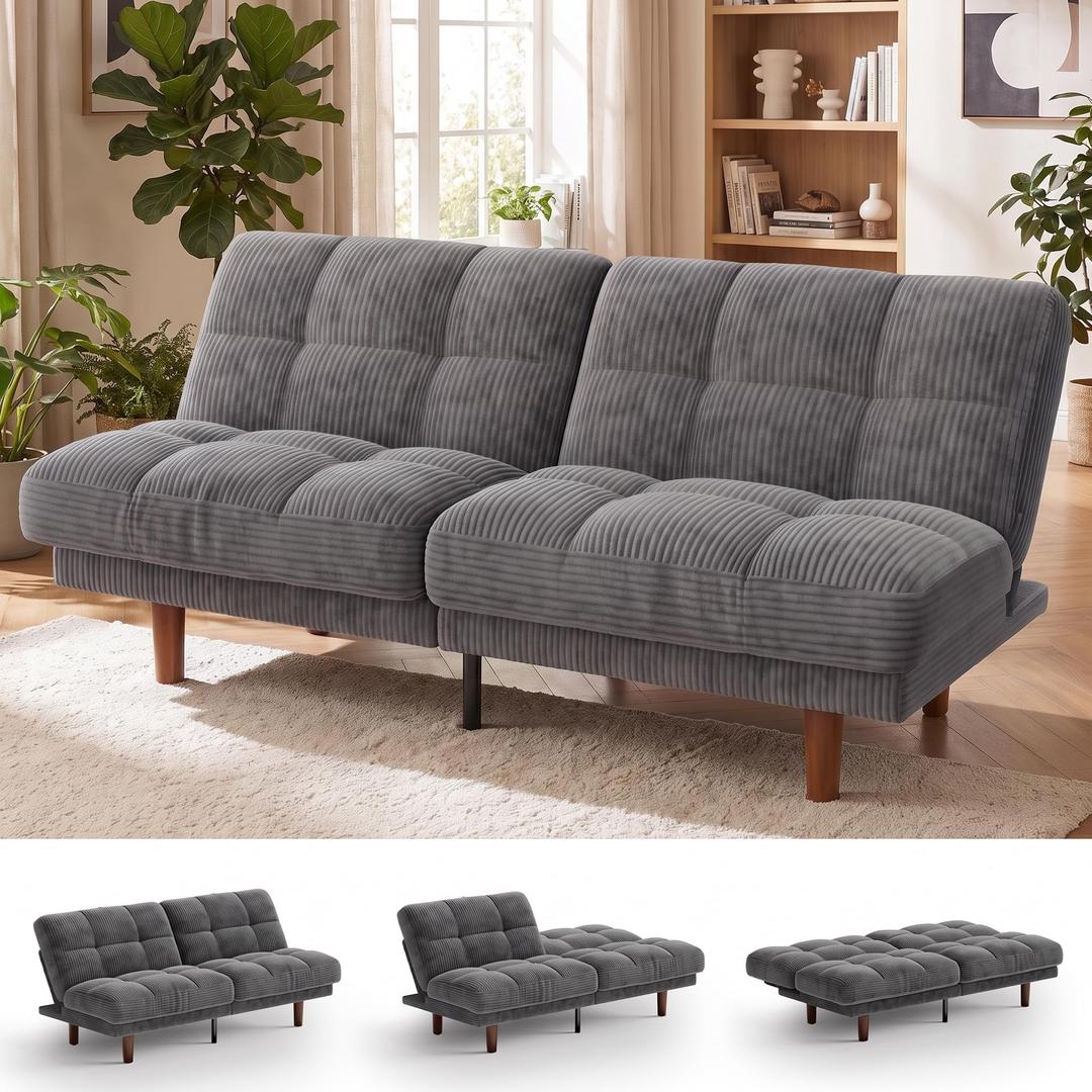 Marsail 70" Convertible Futon Sofa Bed, Small Recliner Sleeper Sofa with Adjustable Backrest, Corduroy Loveseat Futon Couch for Apartments, Living Room, Office, Guest Room (Grey)