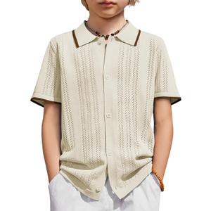 Arshiner Boys Button Down Shirt Short Sleeve Knit Shirt Summer Vintage Fashion Casual Beach Shirts for Kids 7-8 Years (Beige)