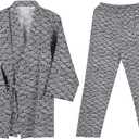 Ibluelover Kimono Robe for Both Men and Women Bathrobe Sleepwear Nightgown Unisex (Black & White Wave Set)