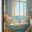 Framed Blue Sea Coast Ocean Flower Prints Bathroom Bathtub Scene Picture Wall Decor Gift Coastal Window Floral Canvas Wall Art Painting Poster Artwork (16"x24")