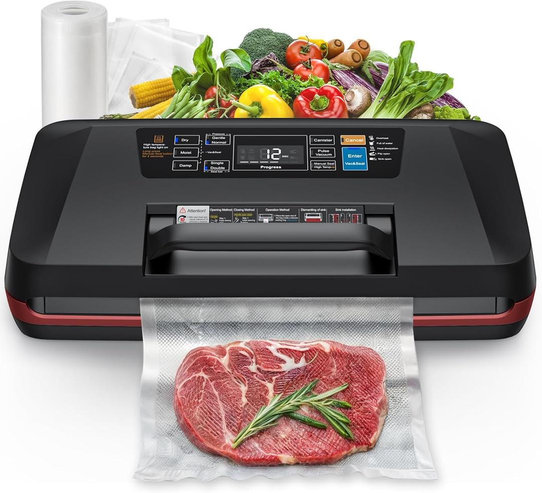 95kPa Vacuum Sealer Machine,Commercial Fully Automatic Food Sealer,10-in-1 Functions & Powerful Sealing System with Double Heat Seal,Easy-Lock Handle,Built-in cutter,1 Bag Rolls,10 Pre-cut Bags