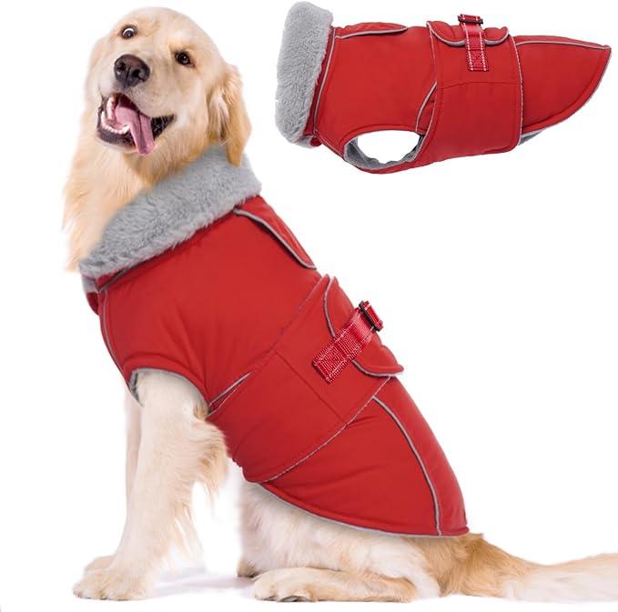iBuddy Dog Winter Coat for X-Large Dogs, Easy on Dog Snow Fleece Coat Velcro Waterproof Pet Puffer Jacket with Harness Hole Adjustable Reflective Quilted Pet Cold Weather Vest